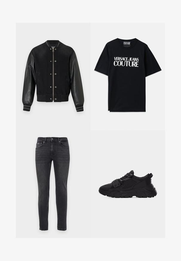 Schwarze Bomberjacke mit Denim-Körper, ledernen Ärmeln, gestreiften Rippenbündchen und Druckknopf-Details. Vorderer Reißverschluss und seitliche Taschen.; Schwarzes Baumwoll-T-Shirt mit kurzen Ärmeln, das auf der Vorderseite den großen weißen Text "VERSACE JEANS COUTURE" trägt. Klassisches Rundhalsdesign.; Schmal geschnittene schwarze Jeans mit fünf Taschen und einem Knopf- und Reißverschluss, vor einem schlichten weißen Hintergrund präsentiert.; Schwarzer klobiger Sneaker mit Mesh- und Lederpaneelen, dicker strukturierter Sohle, Schnürung vorne und einem Riemen mit Metallnieten über den Schnürsenkeln.