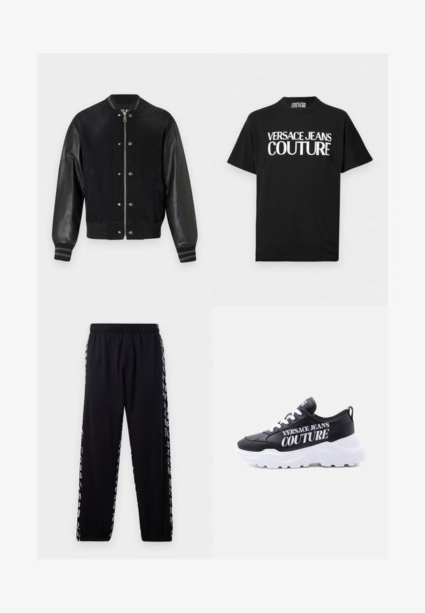 Sort bomberjakke med denimkrop, læderærmer, ribbede manchetter med striber og knaplukning. Frontlynlåsning og sidelommer.; Sort T-shirt med korte ærmer og fed hvid tekst "VERSACE JEANS COUTURE" centreret på fronten samt et matchende mærke inde i kraven.; Sorte sweatpants med elastisk talje og manchetter, prydet med hvidt abstrakt skriftprint langs de ydre sidesømme.; Sort lav sneakers med tyk hvid sål, hvide snørebånd og stor hvid tekst "Versace Jeans Couture" på siden.