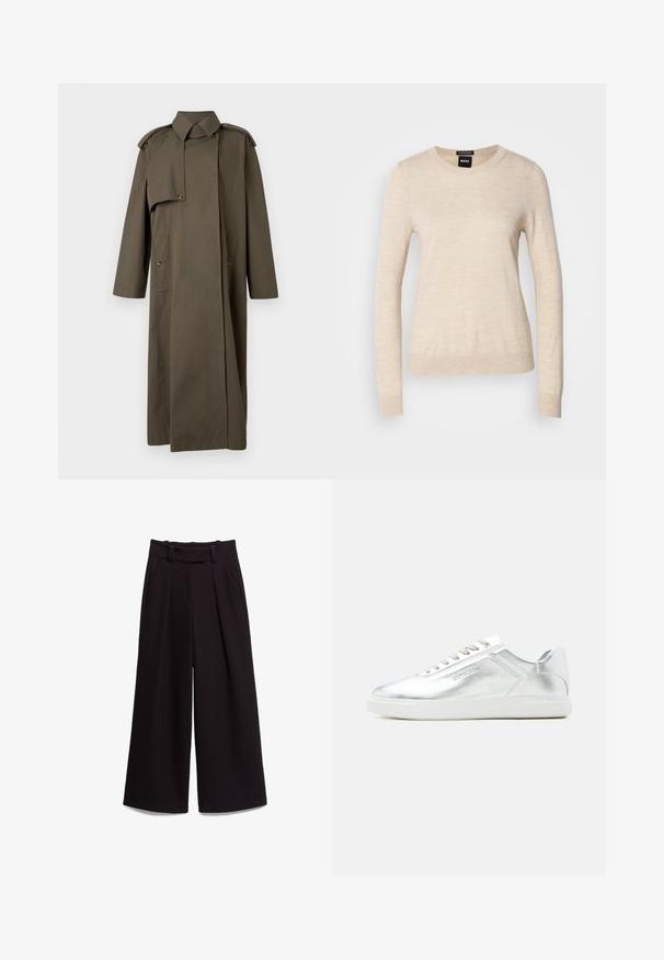 Lange trenchcoat in olijfgroen van katoen met een hoge kraag, schouderepauletten, twee voorzakken en een knoopsluiting.; BOSS FERPINA - Trui - light beige; Zwarte broek met wijde pijpen, hoge taille, riemlussen, zijzakken en plooien aan de voorkant, plat gelegd op een witte achtergrond.; Low-top metallic zilverkleurige sneaker met witte zool en veters, gladde textuur en subtiele reliëfbranding aan de zijkant.
