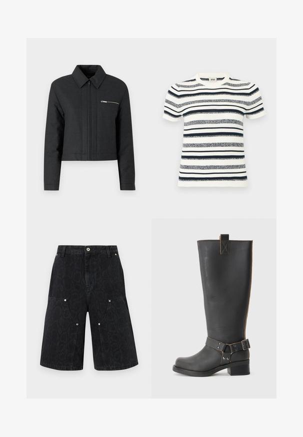 Gekürzte schwarze Jacke aus strukturiertem Material, mit spitzem Kragen, vorderem Reißverschluss und einer kleinen mit Reißverschluss versehenen Tasche auf der linken Brust.; Gestricktes Kurzarm-Top mit horizontalen marineblauen und weißen Streifen. Rundhalsausschnitt und gerippte Struktur mit figurbetonter Silhouette.; Schwarze Denim-Knielange Shorts mit dezentem Leopardenmuster, vorderem Knopf, Reißverschluss und silbernen Nieten an großen Fronttaschen.; Schwarze Leder-Stiefel bis zum Knie mit strukturiertem Finish, seitlichem Schnallenakzent und niedrigem Absatz. Detaillierte Steppnähte entlang der Nähte.