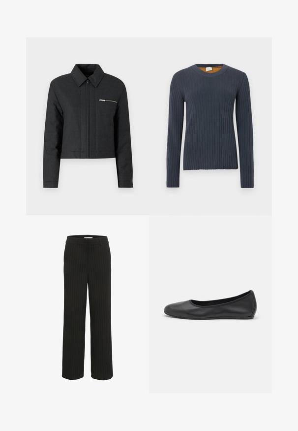 Gekürzte schwarze Jacke aus strukturiertem Material, mit spitzem Kragen, vorderem Reißverschluss und einer kleinen mit Reißverschluss versehenen Tasche auf der linken Brust.; Gerippter Langarmpullover in Marineblau mit Rundhalsausschnitt. Verfügt über eine strukturierte Oberfläche und einen kontrastierenden senfgelben Innenbereich am Halsausschnitt.; Schwarze gestreifte weite Hosen mit flachem Bund und Gürtelschlaufen, aus gewebtem Stoff hergestellt, mit vertikalen Streifen in einer kontrastreichen Farbe.; Schwarze Leder-Ballettschuhe mit abgerundeter Spitze, glatter Textur, minimalen Nähdetails und einem flexiblen Sohlen-Design.