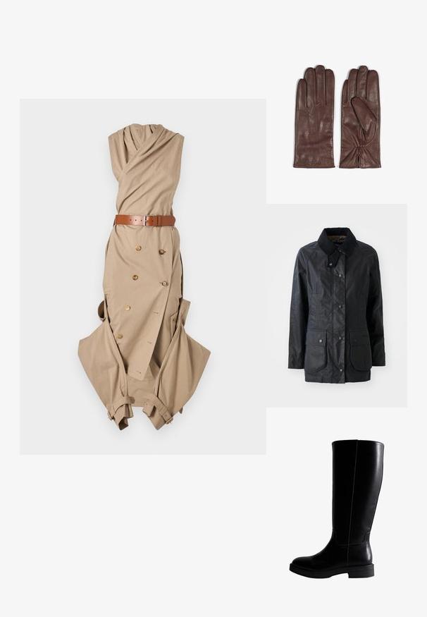 Manteau noir imperméable avec un col structuré, des boutons à pression à l'avant, deux grandes poches à rabat et une finition de tissu légèrement texturée.; Robe cache-coeur beige avec un col froncé, une ceinture avec boucle en argent, un détail de boutons croisés, et des manches amples.; Bottes noires en cuir jusqu'aux genoux avec une texture lisse, bout rond, coutures minimales et semelle en caoutchouc plate. Design simple et élancé.; Gants en cuir marron avec une texture lisse. Les caractéristiques incluent cinq doigts, des coutures subtiles à l'arrière et des détails froncés au niveau du poignet.