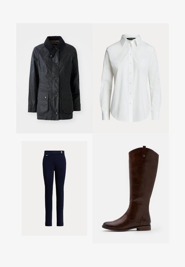 Manteau noir imperméable avec un col structuré, des boutons à pression à l'avant, deux grandes poches à rabat et une finition de tissu légèrement texturée.; Chemise blanche à manches longues, boutonnée, avec un col classique et des boutons visibles à l'avant, présentée sur un fond uni.; Un pantalon slim-fit bleu marine avec taille haute, présentant des boutons décoratifs et une petite poche rabat sur le côté droit.; Bottes marron jusqu'aux genoux en cuir lisse, avec un bout arrondi, un petit talon empilé et un subtil motif de couture sur les côtés.