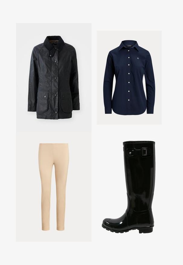 Manteau noir imperméable avec un col structuré, des boutons à pression à l'avant, deux grandes poches à rabat et une finition de tissu légèrement texturée.; Chemise bleu marine à manches longues avec boutons, col pointu et petit logo blanc brodé sur la poitrine gauche.; Pantalon beige slim fit longueur cheville avec une finition lisse, sans poches visibles ni ornements, sur un fond uni.; Botte de pluie en caoutchouc noir avec une finition brillante, design haut, accent de boucle sur le côté, semelle texturée pour l'adhérence et bout arrondi.