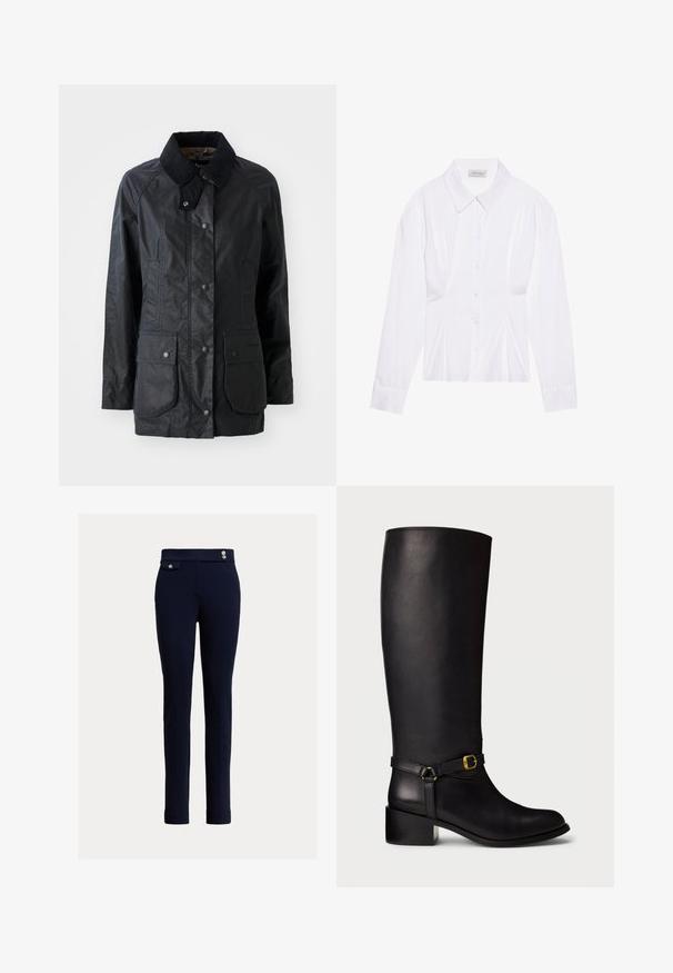 Manteau noir imperméable avec un col structuré, des boutons à pression à l'avant, deux grandes poches à rabat et une finition de tissu légèrement texturée.; Blouse blanche à manches longues avec un col classique, fermeture à boutons sur le devant et détail froncé sur le côté. Tissu lisse avec une coupe ajustée.; Un pantalon slim-fit bleu marine avec taille haute, présentant des boutons décoratifs et une petite poche rabat sur le côté droit.; Botte en cuir noir montant jusqu'au genou, avec un petit talon carré et une sangle décorative dotée d'une petite boucle en or à la cheville.