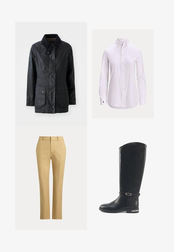 Manteau noir imperméable avec un col structuré, des boutons à pression à l'avant, deux grandes poches à rabat et une finition de tissu légèrement texturée.; Chemise blanche à manches longues avec col boutonné et petit logo brodé sur le poignet gauche.; Pantalon beige droit avec passants de ceinture, fermeture éclair à l'avant et plis sur mesure sur un fond clair uni.; Botte noire en cuir arrivant au genou, avec un bout arrondi, un design minimaliste, une fine sangle à la cheville et un accent doré sur le talon.