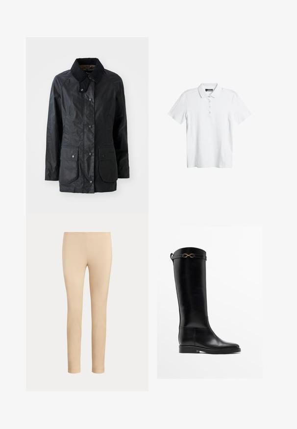 Manteau noir imperméable avec un col structuré, des boutons à pression à l'avant, deux grandes poches à rabat et une finition de tissu légèrement texturée.; Polo-shirt blanc avec un motif de vagues subtil, à manches courtes et avec une patte de boutonnage à trois boutons. Fabriqué en tissu léger et doux.; Pantalon beige slim fit longueur cheville avec une finition lisse, sans poches visibles ni ornements, sur un fond uni.; Botte haute en cuir noir avec un petit talon et un détail de boucle dorée près du haut, montrée de profil sur fond blanc.