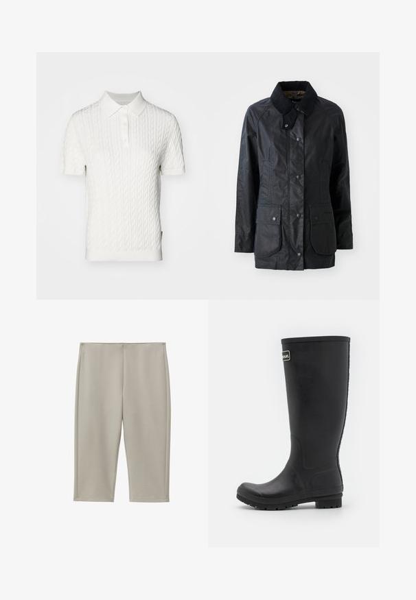 Manteau noir imperméable avec un col structuré, des boutons à pression à l'avant, deux grandes poches à rabat et une finition de tissu légèrement texturée.; Barbour HARTLAND - Polo - cloud; Pantalon beige mi-genou, coupe droite, en tissu lisse avec des coutures latérales visibles et une ceinture simple.; Botte de pluie noire en caoutchouc, design haut avec une finition mate lisse. Dispose d'une semelle épaisse avec des rainures et d'un accent logo sur le côté.