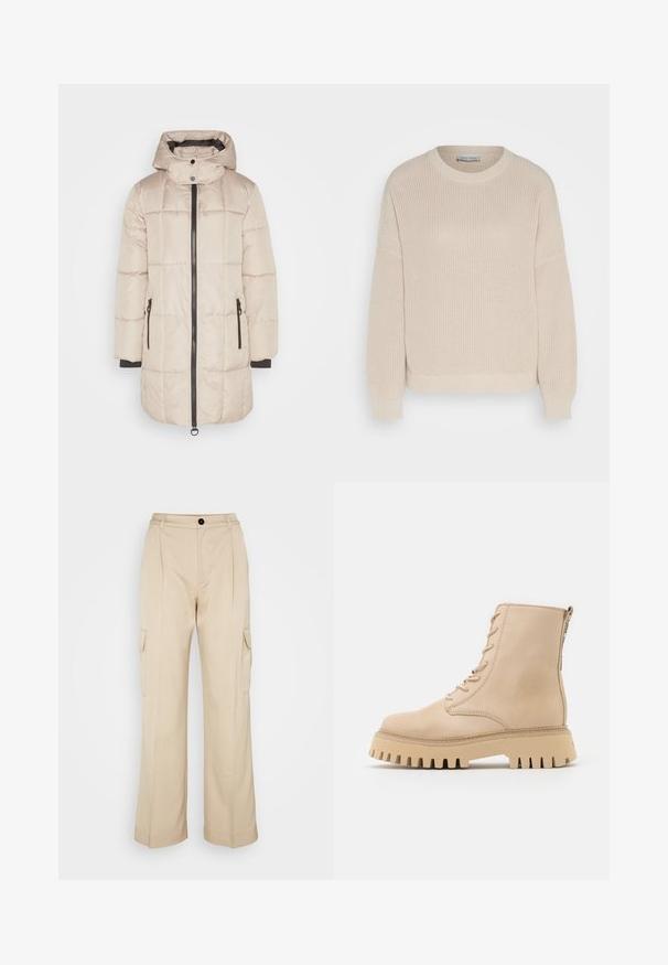 JDY Puffer JDYDAISY Puffer - Zimný kabát - simply taupe/black; Anna Field Svetrík - grey; Monki Kapsáče - beige; Bežové kožené členkové topánky s okrúhlou špičkou, predným šnurovaním a bočným zipsom, ktoré majú hrubú, zubatú podrážku.
