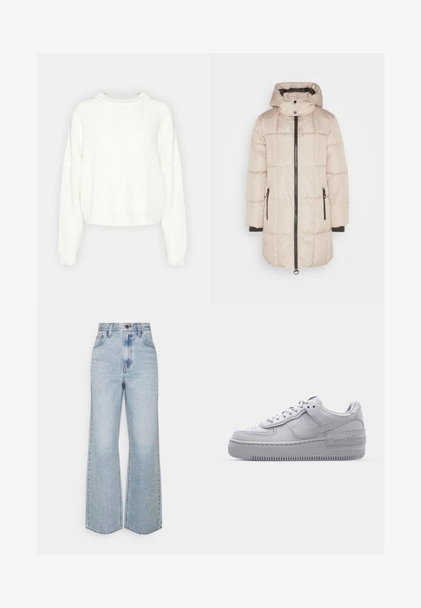 JDY Puffer JDYDAISY Puffer - Manteau d'hiver - simply taupe/black; Pull en maille blanche avec un col rond, des manches longues et une coupe décontractée. Présente un motif texturé et un ourlet et des poignets côtelés.; Jean large en denim bleu clair avec taille haute, design classique à cinq poches et couture contrastante. Détail de ourlet brut en bas.; Basket en cuir lisse gris Nike Air Force 1 avec un bout perforé, une semelle épaisse et un détail 'AIR' en relief sur le talon.