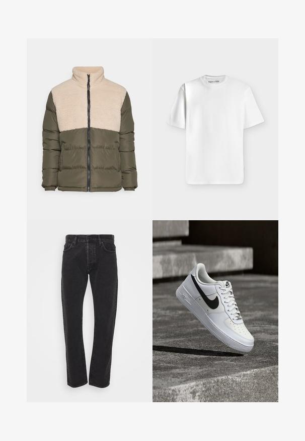 Night Addict NAABEYGR - Vinterjakker - forrest green/cream; Klassisk hvid T-shirt med korte ærmer og rund hals lagt fladt på en lysegrå baggrund med et lille mærke inde i halsudskæringen.; Herre sorte lige ben denim jeans med frontknap og lynlås, fem lommer og bæltestropper på en ensfarvet hvid baggrund.; Hvid Nike Air Force 1-sneaker med sort swoosh, snørebånd bundet, placeret i luften over tekstureret betonoverflade udendørs.