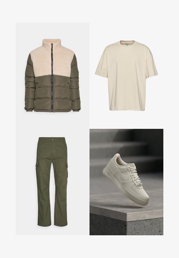 Night Addict NAABEYGR - Winterjas - forrest green/cream; Beige katoen t-shirt met een ronde hals, korte mouwen en een losse pasvorm. Heeft subtiele witte geborduurde logo's op de borst.; Cargo-broek in donkergroen olijf, met meerdere zijzakken, een rechte pasvorm en een duurzame stof met een gestructureerde afwerking.; Enkele beige sneaker met veters zweeft boven een grijs betonnen oppervlak, Nike-logo zichtbaar, trap op de achtergrond wazig.