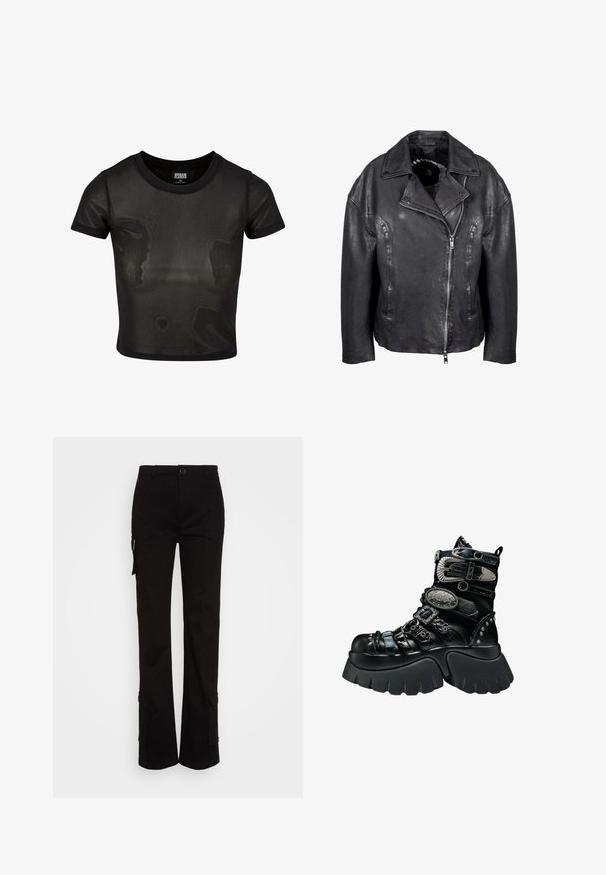 Sorte læder motorcykeljakke med en klippet krave, lynlås lukning og to sidelommer. Glat tekstur med minimale hardware detaljer.; Sort cropped t-shirt lavet af gennemsigtigt stof, med korte ærmer og rund udskæring. Tekstureret overflade og kontrasterende solid kant.; Nicki Studios STRAIGHT POCKET PANTS - Cargobukser - black; Sort platformstøvle med chunky sål, flere teksturerede remme, sølvspænder, dekorative metal accenter og nitte detaljer.