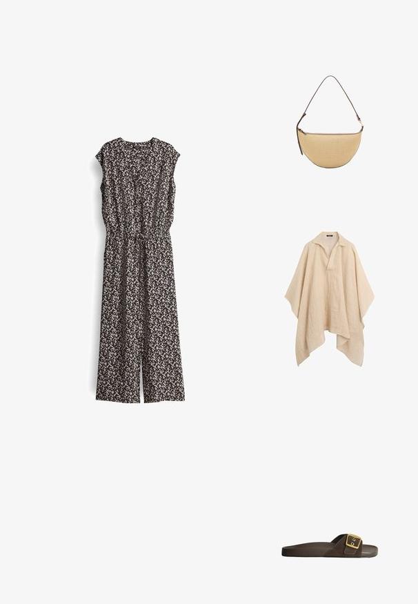 Beiger Leinenponcho mit weiten Ärmeln und offenem V-Ausschnitt, lockere und fließende Passform.; Schwarzer und cremefarbener gemusterter Jumpsuit mit kurzen Ärmeln, V-Ausschnitt und elastischem Bund. Der Stoff wirkt leicht und hat ein fließendes Design.; Braune Wildleder-Sandale zum Hineinschlüpfen mit einem breiten Riemen und einer goldfarbenen Metallschnalle. Flache Gummisohle mit glatter Textur und schlichtem Design.; Halbmondförmige beige gewebte Handtasche mit einem verstellbaren braunen Leder-Schulterriemen und Reißverschluss an der Oberseite.