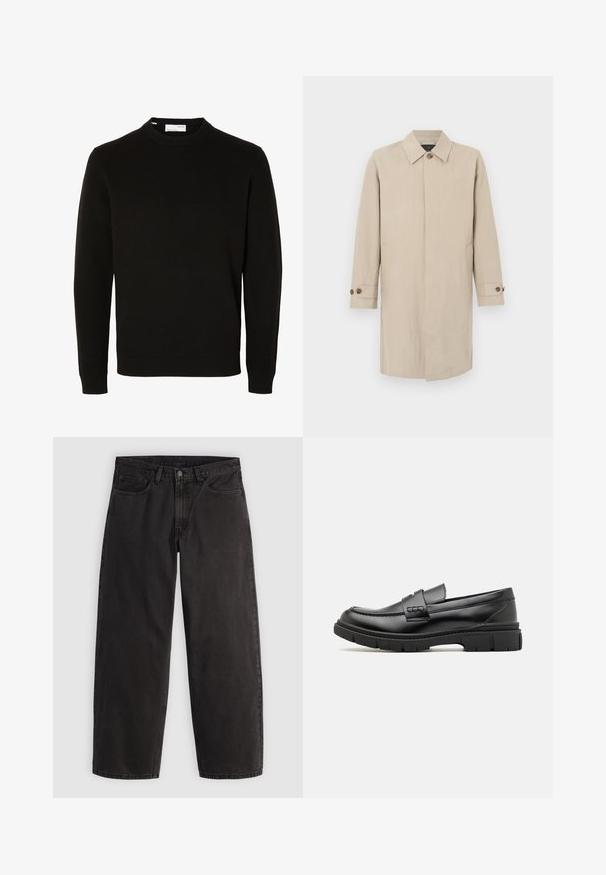 Beige lange trenchcoat met een kraag, enkele knoopsluiting aan de voorkant en met knopen gesloten manchetten, weergegeven tegen een effen achtergrond.; Zwarte lange mouws trui met ronde hals en geribbelde boorden en zoom, afgebeeld op een effen witte achtergrond.; Zwarte denim jeans met rechte pijpen, vijf zakken en riemlussen, plat liggend op een lichte effen achtergrond.; Zwarte leren instapper met een brede band over de voet, rubberen zool met dikke noppen en een gladde textuur. Klassiek, strak ontwerp.