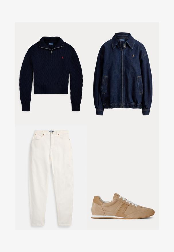 Donkerblauwe denim jack met rits, kraag, twee voorzakken, elastische zoom en klein geborduurd logo op de borst.; Donkerblauwe kabelgebreide trui met halve ritskraag en rood Polo Ralph Lauren-logo geborduurd op de borst.; Witte jeans met hoge taille en rechte pijpen, voorzien van knoop en ritssluiting aan de voorkant, ontwerp met vijf zakken en Polo merkembleem op de tailleband.; Lichtbruine suède en leren lage sneaker met witte veters en een witte rubberen zool, zijaanzicht op een witte achtergrond.