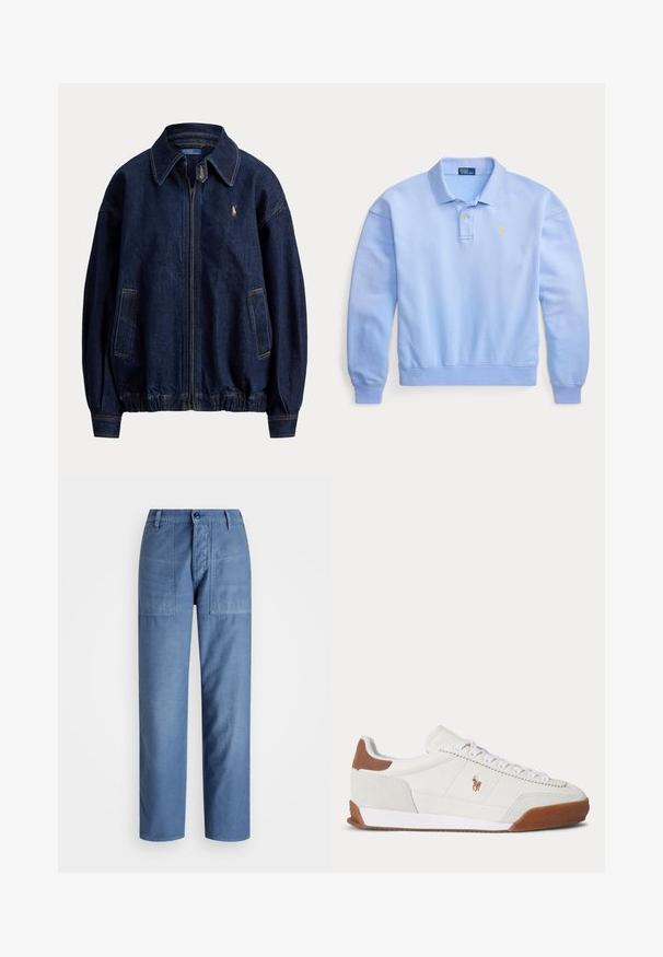 Chaqueta de mezclilla azul oscuro con cremallera y cuello, dos bolsillos delanteros, dobladillo elástico y un pequeño logo bordado en el pecho.; Polo de manga larga azul claro con cuello, dos botones, puños y dobladillo acanalados, y pequeño logo bordado amarillo en el pecho.; Pantalones de mezclilla azul claro con un diseño de pierna recta, que cuentan con dos bolsillos delanteros y un cierre de botón en la cintura. Textura suave.; Zapatilla blanca de corte bajo con acentos de ante marrón en el talón y la puntera, cordones blancos y un pequeño logo marrón bordado en el lateral.