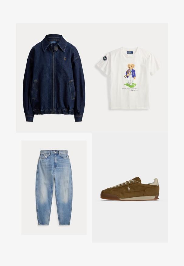 Mørkeblå denim lynlåsskjortejakke med krave, to forlommer, elastisk kant og lille broderet logo på brystet.; Hvid T-shirt med korte ærmer med en bjørn i en blå blazer, der holder tennis-ketchere og står på græs, Polo Bear af Ralph Lauren tekst nedenfor.; Lyseblå cowboybukser med høj talje med let falmning og slid nær forlommerne, fem-lomme stil og tilspidsede ben.; Brun ruskind sneaker med cremefarvede snørebånd, tyk sål og et lille hvidt broderet logo på siden.