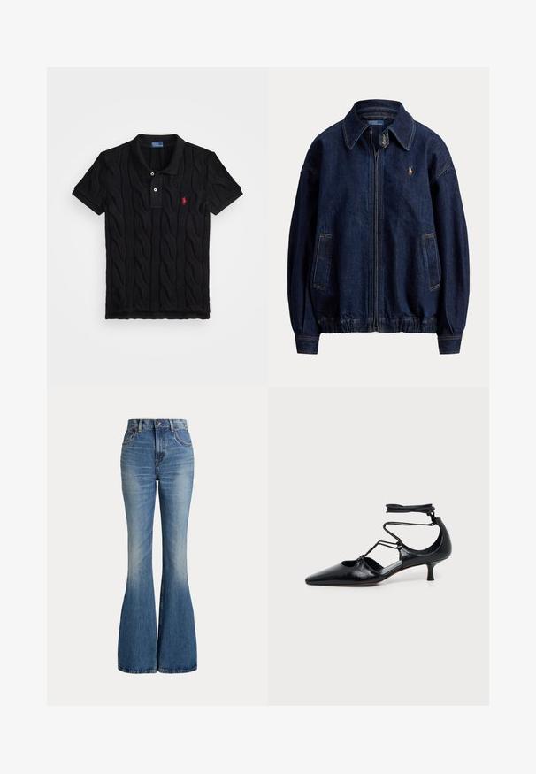 Mørkeblå denim lynlåsskjortejakke med krave, to forlommer, elastisk kant og lille broderet logo på brystet.; Sort strikket polo shirt med kabelmønster, kortærmet, og en kontrasterende sort krave. Har tre knapper og rødt logo-detalje.; Højtaljede blå jeans i denim med klokkeformede ben og let falmet område foran på låret, vist mod hvid baggrund.; Sort spids kitten heel sko med ankelstropper og udskæringsdetaljer på siderne, vist på en ensfarvet lys baggrund.