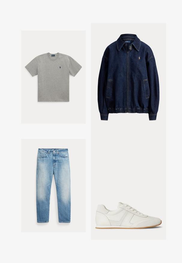 Dunkelblaue Denim-Zipperjacke mit Kragen, zwei Vordertaschen, elastischem Saum und kleinem besticktem Logo auf der Brust.; Hellgraues T-Shirt mit kurzen Ärmeln und Rundhalsausschnitt mit kleinem dunkelblau besticktem Polospieler-Logo auf der linken Brust.; Hellblaue, verwaschene Jeans mit geradem Bein, Vordertaschen, Knopf- und Reißverschluss sowie leichter Abnutzung am rechten Oberschenkel.; Weißer Sneaker mit niedrigem Schaft, Schnürung vorne, Velours- und Lederpaneelen sowie einer hellbraunen Gummisohle auf weißem Hintergrund.