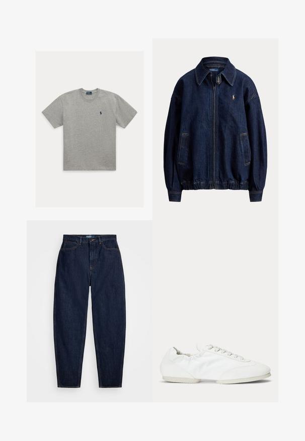 Dunkelblaue Denim-Zipperjacke mit Kragen, zwei Vordertaschen, elastischem Saum und kleinem besticktem Logo auf der Brust.; Hellgraues T-Shirt mit kurzen Ärmeln und Rundhalsausschnitt mit kleinem dunkelblau besticktem Polospieler-Logo auf der linken Brust.; Dunkelblaue Denim-Jeans mit geradem Bein, ausgestattet mit orangen Nähten, einem vorderen Knopfverschluss und fünf Taschen.; Niedrig geschnittener weißer Sneaker mit Schnürsenkeln, glatter Stoff-Seitenpartie und einer weichen, flexiblen Sohle.