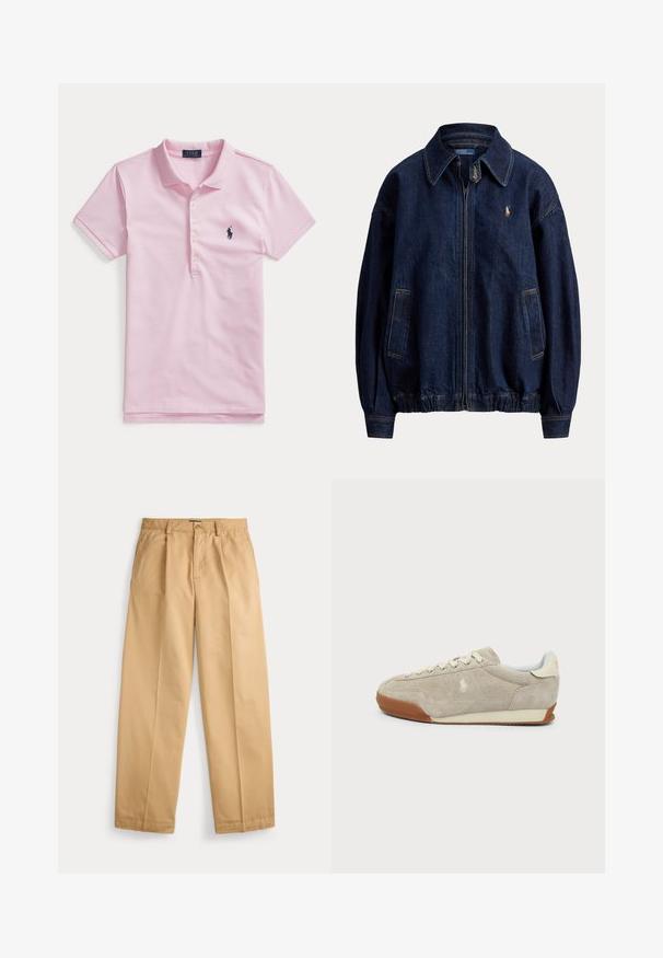 Mørkeblå denim lynlåsskjortejakke med krave, to forlommer, elastisk kant og lille broderet logo på brystet.; Lyserød kortærmet polo med krave, fire knapper og et lille mørkeblåt broderet logo på venstre bryst.; Beige bukser med lige ben, lukning med knap og lynlås, forlommer, bæltestropper og pressede folder ned langs benene.; Beige ruskind sneaker med hvide snørebånd, brun gummisål og lille broderet logo på siden, set fra ydersiden.