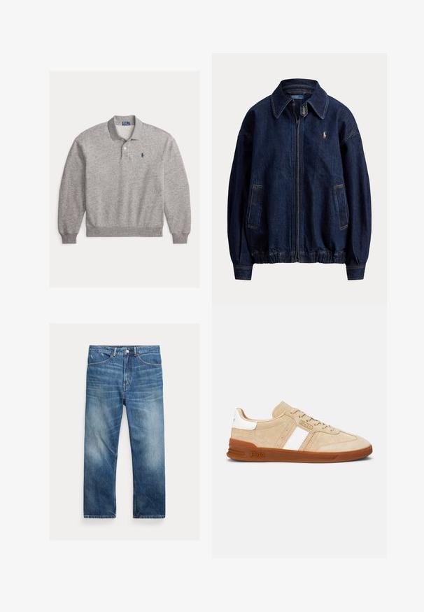 Mørkeblå denim lynlåsskjortejakke med krave, to forlommer, elastisk kant og lille broderet logo på brystet.; Lysegrå langærmet poloshirt med ribmanchetter, to-knaps stolpe og lille marineblåt broderet logo på venstre bryst.; Blå vaskede denimjeans med lige ben, forlommer, bæltestropper og falmede detaljer på lår og knæ.; Beige ruskindssneakers med hvide striber, gummisål og brune detaljer. Har en tekstureret overflade og en logo på siden.