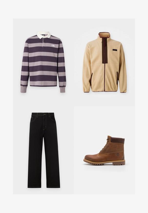 Veste en molleton beige avec un col haut, fermeture éclair sur le devant, accents marron, deux poches latérales et une petite étiquette de logo sur la poitrine.; Maillot de rugby à manches longues avec larges rayures horizontales violet foncé et gris, col blanc et logo The North Face sur la poitrine.; Pantalons en denim noir à coupe droite, dotés de poches avant, de surpiqûres jaunes contrastantes et d'une fermeture à bouton à la taille.; Botte de randonnée en cuir marron avec une finition lisse, cheville rembourrée, œillets en métal et semelle en caoutchouc dotée d'un motif de crampons robuste.