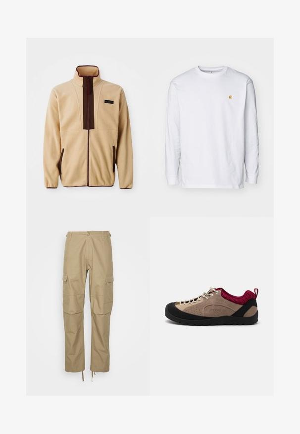 Beige fleecejakke med høj krave, frontlynlås, brune detaljer, to sidelommer og et lille logo på brystet.; Hvid langærmet t-shirt lavet af bomuld. Har et lille gyldent logo på brystet og en rund halsudskæring. Enkel design og standard pasform.; Khaki cargo bukser lavet af letvægtsstof, med flere sidelommer, en afslappet pasform og justerbare snore i bunden.; Sko med overdel i beige ruskind, sort gummisål, lyserøde mesh-detaljer og grå snørebånd. Har perforeringer for åndbarhed og et håndtag til at trække i.