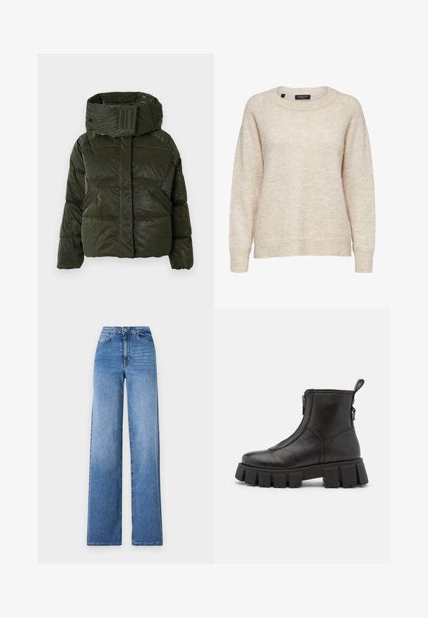 Polstret grøn jakke med høj krave og overdimensioneret hætte. Har skrå syninger, elastiske ærmer og lynlåslukning foran.; Beige langærmet sweater i uldblanding med rund halsudskæring, ribkant ved manchetter og kant, medium størrelse, label med teksten "Selected Femme."; Lyseblå vide denimbukser med høj talje, frontlommer og standard knaplukning. Glat tekstur.; Sorte læder ankelstøvler med en tyk, ribbet sål, lynlås på siden og en løkke bagpå. Glat tekstur og minimalistisk design.