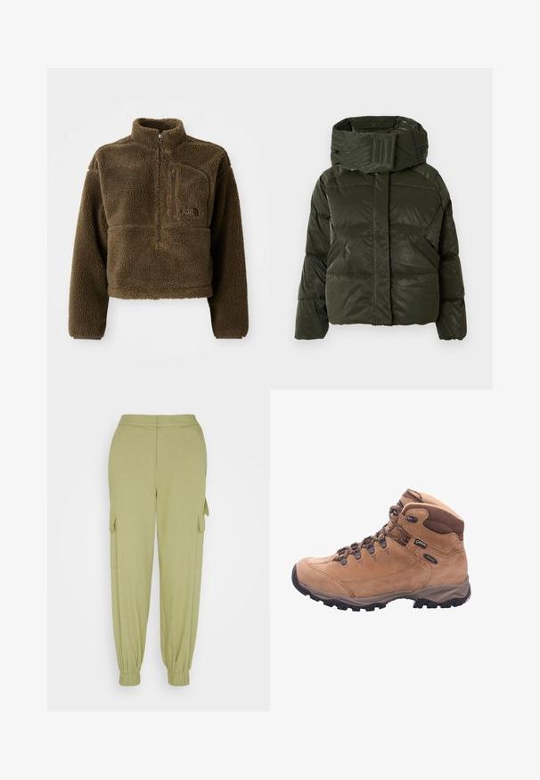 Chaqueta verde acolchada con un alto cuello y capucha extragrande. Presenta costuras diagonales, puños elásticos y un cierre de cremallera al frente.; Chaqueta de forro polar marrón con cuello alto, cierre de media cremallera en la parte delantera y un bolsillo en el pecho; cuenta con una tela texturizada y un logotipo en el frente.; Selected SLFCILLE PANT - Pantalones cargo - basil; Bota de senderismo marrón hecha de ante y material sintético, con un tobillo alto, cordones en la parte delantera y suela de goma con tacos profundos para mayor tracción.