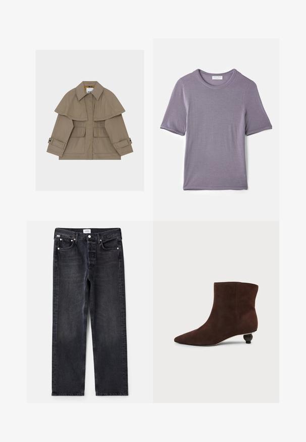 Beige yderjakke med stor foldet krave, lommer med klap og detaljer ved manchetterne. Fremstillet i et glat stof med et enkelt design.; Lilla kortærmet t-shirt lavet af blødt stof, med en rund hals og en lige kant, med en glat tekstur og uden synlige mønstre.; Sorte denimjeans med lige pasform, fem lommer, sølvhardware og en let falmet tekstur. Klassisk design med minimal detaljering.; Mørkebrun ruskindsfotokort støvle med spids tå og lav rund dekorativ hæl på ensartet lys baggrund.