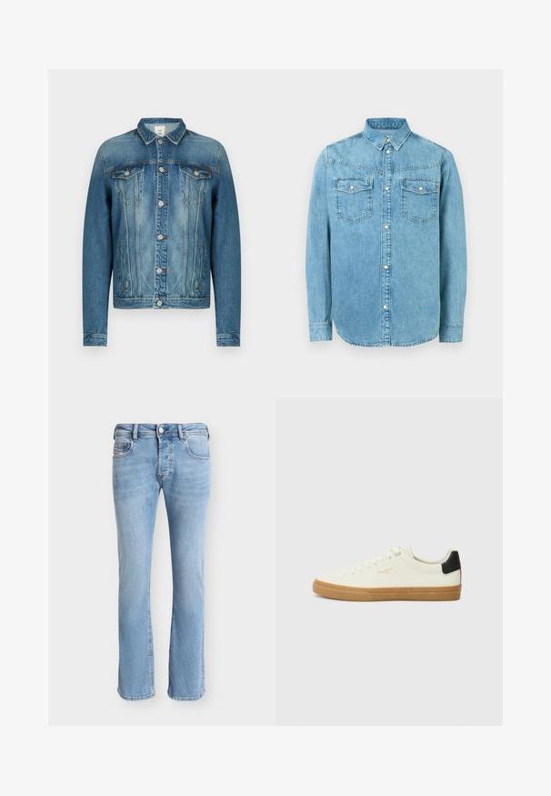 Veste en denim bleu avec fermeture à boutons, deux poches poitrine à rabat, poches latérales et col classique, présentée sur un fond uni.; Chemise en denim bleu clair avec un col boutonné, deux poches poitrine et des accents de boutons argentés. Elle possède des manches longues et un ourlet arrondi.; Jean droit en denim bleu clair avec poches avant, passants de ceinture, fermeture à boutons et coutures visibles sur un fond uni.; Sneaker en toile blanche avec une semelle en gomme, accent au talon noir, bout rond et design à lacets. Présente le logo de la marque en doré sur le côté.
