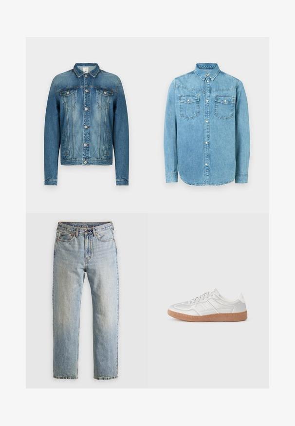 Veste en denim bleu avec fermeture à boutons, deux poches poitrine à rabat, poches latérales et col classique, présentée sur un fond uni.; Chemise en denim bleu clair avec un col boutonné, deux poches poitrine et des accents de boutons argentés. Elle possède des manches longues et un ourlet arrondi.; Jean en denim bleu clair à taille haute, avec bouton avant, fermeture éclair et design à cinq poches, posé à plat sur un fond neutre.; Baskets argentées avec une texture lisse, un design à lacets, des accents perforés et une semelle en caoutchouc marron texturé.