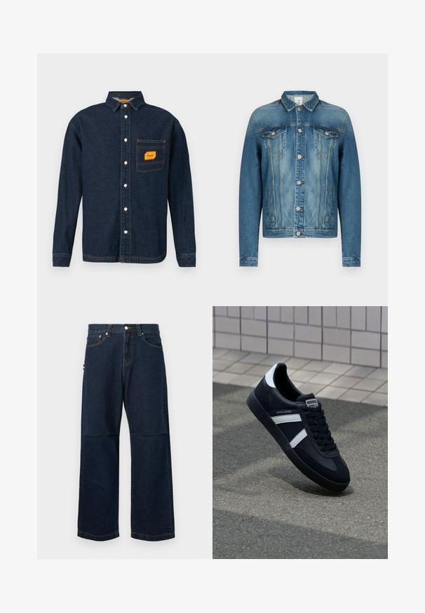 Blaue Jeansjacke mit Knopfleiste, zwei aufgesetzten Brusttaschen, Seitentaschen und klassischem Kragen, auf neutralem Hintergrund gezeigt.; Dunkelblaue Denim-Hemd mit Button-Down-Kragen, orangefarbener Etikett auf der Brusttasche und weißen Knöpfen. Weiche Textur mit Kontrastnähte.; Dunkelblaue Denim-Jeans mit geraden Beinen, die ein klassisches Fünf-Taschen-Design, kontrastierende Nähte und ein kleines farbiges Etikett an der Seite aufweisen.; Schwarze Leder-Sneaker mit weißen Streifen, strukturiertem Gummisohle und Schnürung. Verfügt über ein Markenetikett auf der Zunge.