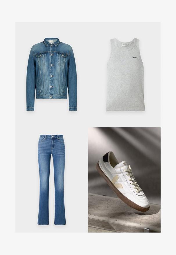 Chaqueta de mezclilla azul con cierre de botones, dos bolsillos de solapa en el pecho, bolsillos laterales y cuello clásico, mostrada sobre un fondo liso.; Camiseta sin mangas de canalé gris claro con escote redondo y pequeño logo negro de "Pepe Jeans" en la parte superior izquierda del pecho.; ONLY ONLWAUW MID WAIST - Vaqueros slim fit - medium blue denim; Zapatillas de cuero blancas con acentos beige y suela de goma marrón. Presenta detalles cosidos y un logo en el talón.