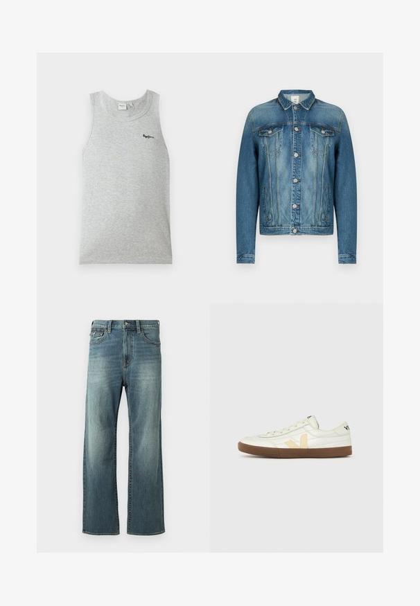 Veste en denim bleu avec fermeture à boutons, deux poches poitrine à rabat, poches latérales et col classique, présentée sur un fond uni.; Débardeur côtelé gris clair sans manches avec encolure ronde et petit logo noir "Pepe Jeans" sur la partie supérieure gauche de la poitrine.; Jeans en denim bleu clair avec une coupe droite, un léger délavage, cinq poches et des passants de ceinture. Comprend des accents de couture et une fermeture à bouton.; Baskets blanches basses avec logo "V" beige, semelle en caoutchouc marron, lacets et texte noir sur le talon et la languette sur un fond uni.