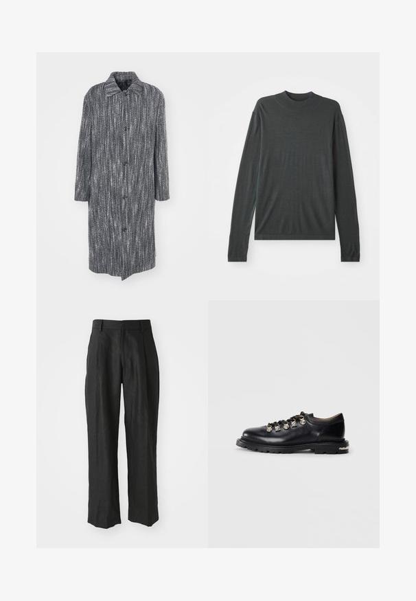 Lang, løstsiddende frakke med en herringbone-mønster i sort og hvid, med krave og seks frontknapper.; Mørkegrå langærmet strikket sweater med høj, ribbet krave. Blød tekstur, afslappet pasform og ingen synlige mønstre eller hardwaredetaljer.; Sorte linnedragter med lige ben, der har særlige folder foran og en glat tekstureret finish.; Sorte læder lavskårne sko med tyk sål, metaløjer, dekorative sølv charms på snørebåndene, og tekstureret mønster på sålen.