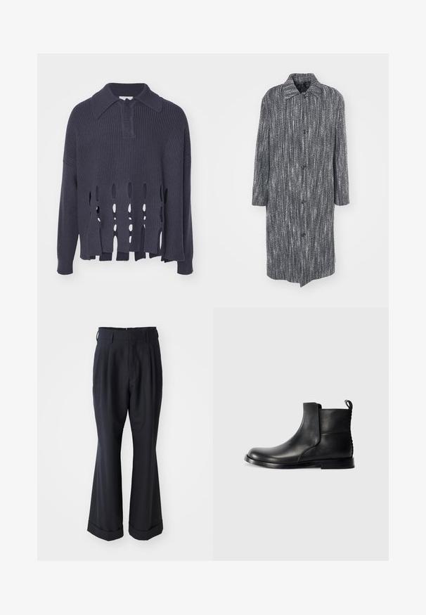 Lang, løstsiddende frakke med en herringbone-mønster i sort og hvid, med krave og seks frontknapper.; Mørkeblå strikket sweater med åbne vandrette inderkanter i kanten, ribbet krave og manchetter. Har en afslappet pasform og struktureret materiale.; Sorte skræddersyede bukser med en afslappet pasform, plisseret forside og vide ben. Har en opsmøg i bunden og en glat stofstruktur.; Sort læder ankelstøvle med rund tå, elastiske sidepaneler og en tekstureret bagside. Har en flad gummisål og strop til at trække i.