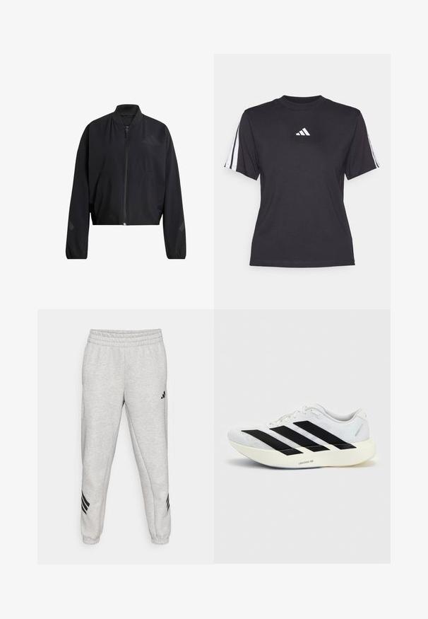 Schwarze, verkürzte Jacke mit Reißverschluss, geripptem Kragen und glatter Oberfläche. Verfügt über dezente Logo-Akzente und weite Ärmel.; Schwarzes Sport-T-Shirt aus weichem Material, mit Rundhalsausschnitt, kurzen Ärmeln und drei weißen Streifen auf jeder Schulter. Weißes Logo auf der Brust.; Hellgraue Jogginghose mit einem gerippten elastischen Bund, schmal zulaufenden Beinen und drei schwarzen diagonalen Streifen nahe den Bündchen. Glatte Textur.; Weißer Laufschuh mit schwarzem Drei-Streifen-Design an der Seite und dicker weißer Sohle mit der Aufschrift "Lightstrike Pro" auf einfarbigem Hintergrund.