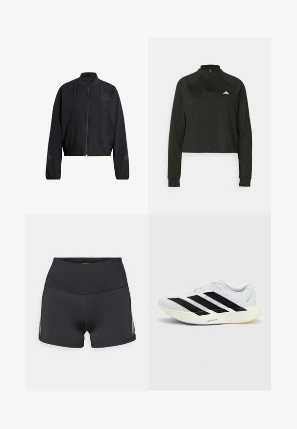 Sort cropet jakke med lynlåslukning, ribbet krave og glat tekstur. Har subtile logoaccenter og brede ærmer.; Sort quarter-zip trøje lavet af glat stof med lange ærmer, med en høj krave og et hvidt logo på venstre bryst.; Sorte atletikshorts med højt taljebånd, lavet af strækstof. Har hvide sidelommer og flatlock-sømme for komfort.; Hvid løbesko med sort tre-stribet design på siden og tyk hvid sål mærket "Lightstrike Pro" på ensfarvet baggrund.