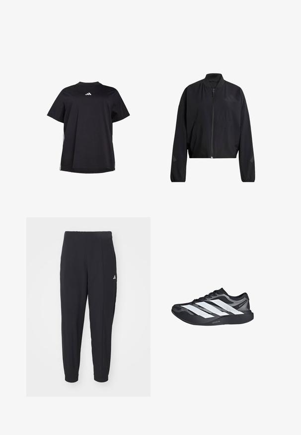 Veste noire courte avec fermeture éclair, col côtelé et texture lisse. Présente des accents de logo discrets et des manches larges.; T-shirt noir à manches courtes en tissu doux, avec un accent horizontal blanc sur les côtés et un logo blanc sur la poitrine.; Pantalons de sport noirs en tissu lisse. Design ajusté avec des poignets élastiques. Présente un petit logo blanc sur la hanche gauche.; Chaussure de course noire et grise avec trois grandes bandes blanches sur le côté et une semelle épaisse noire portant l'inscription « Lightstrike Pro ».