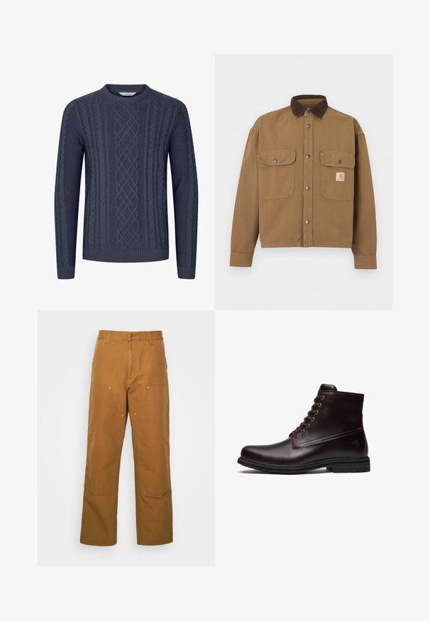 Veste de travail marron avec col en velours côtelé marron foncé, boutons-pression métalliques, deux poches avant à rabat et logo Carhartt sur la poche gauche.; Pull en maille bleu marine avec des motifs de torsade texturés, col rond et poignets et ourlet côtelés. Fabriqué en tissu doux et durable.; Pantalons utilitaires en coton marron avec une coupe droite, dotés de poches avant et d'accents en métal pour une durabilité accrue.; Bottine en cuir marron foncé à lacets avec semelle en caoutchouc et logo embossé subtil près du talon, vue de côté extérieur.