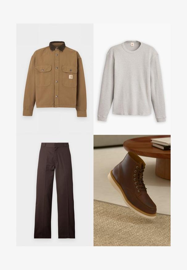 Brown work jacket with dark brown corduroy collar, metal snap buttons, two front flap pockets, and Carhartt logo on left pocket.; Grey long-sleeve knit sweater with a ribbed texture, round neckline, and straight hem. Cuffs are fitted, made of soft fabric.; Brown straight-leg pants with belt loops and front zipper, displayed against a plain light background.; Brown leather ankle boot with beige sole on a textured beige rug next to a round wooden table with stacked books.