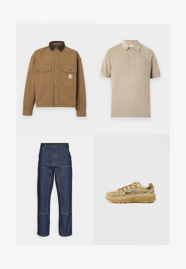 Hnedá pracovná bunda s tmavo hnedým kordurovým golierom, kovovými cvokmi, dvoma prednými vreckami s klopou a logom Carhartt na ľavom vrecku.; Béžové polo s krátkym rukávom, tromi gombíkmi a náprsným vreckom, vyrobené z mäkkej textúrovanej látky.; Tmavomodré denimové džínsy s vysokým pásom, rovného strihu, kontrastným prešívaním a vreckami na prednej strane.; Béžová športová obuv s textúrovanými zamatovými a sieťovinovými panelmi, kontrastnými hnedými šnúrkami a robustnou gumovou podrážkou. Vyznačuje sa výrazným logom.