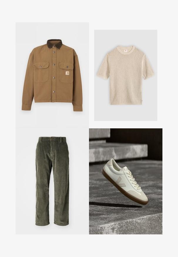 Bruine werkjas met een donkerbruine corduroy kraag, metalen drukknoopsluitingen, twee klepzakken aan de voorkant en het Carhartt-logo op de linkerzak.; Beige gebreide trui met korte mouwen en een ronde hals met een gestructureerd opengeweven patroon, plat gelegd op een lichte achtergrond.; Olijfgroene corduroy broek met verticale ribbels, voorzien van een knoopsluiting en een rechte pijp. Zachte textuur met een klassieke pasvorm.; Witte leren sneakers met een bruine rubberen zool, platte veters en een V-vormig accent aan de zijkant. Ze hebben een glad oppervlak en minimale stikdetails.