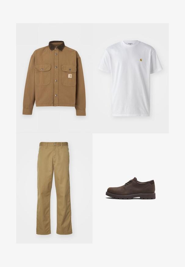 Chaqueta de trabajo marrón con cuello de pana marrón oscuro, botones de presión metálicos, dos bolsillos frontales con solapa y logotipo de Carhartt en el bolsillo izquierdo.; Camiseta de algodón blanca con mangas cortas, cuello redondo, que presenta un pequeño logo dorado en la parte izquierda del pecho. Textura suave y corte regular.; Chinos caqui con diseño de pierna recta, elaborados en una suave tela de algodón. Cuentan con un cierre frontal de botón y bolsillos laterales.; Zapatos de cuero marrón con puntera redondeada y diseño de cordones. Presentan una superficie texturizada y una suela de goma de alta tracción. Logo sutil en el lado.