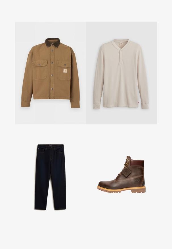 Brun arbejdsjakke med mørkebrunt fløjlskrave, metal trykknapper, to forlommer med klap og Carhartt-logo på venstre lomme.; Langærmet henley-skjorte i lys beige ribbet stof, med V-hals, tre-knap placket og manchetter ved ærmerne. Rød logo-tags ved kanten.; Vans Jeans Relaxed Fit - dark blue; Brun læder ankelstøvle med rund tå, solid sål, hardware i guldtone og en tekstureret overdel. Inkluderer et logo-tagfæstet.