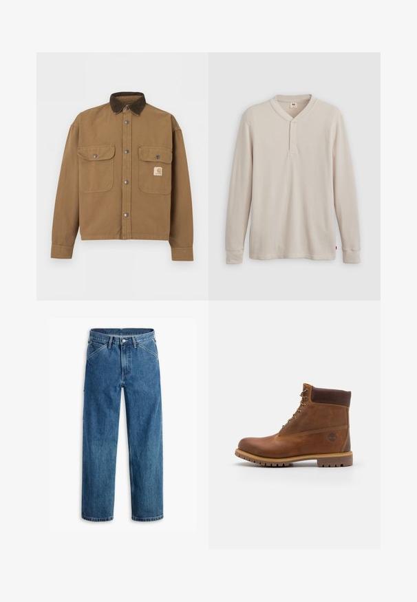 Brun arbejdsjakke med mørkebrunt fløjlskrave, metal trykknapper, to forlommer med klap og Carhartt-logo på venstre lomme.; Langærmet henley-skjorte i lys beige ribbet stof, med V-hals, tre-knap placket og manchetter ved ærmerne. Rød logo-tags ved kanten.; Blå denim jeans med lige ben, forlommer, bæltestropper, metal knap og lynlås foran på hvid baggrund.; Brun læder vandrestøvle med en glat finish, polstret ankel, metalliske snørehuller og en gummisål med et robust dækmønster.