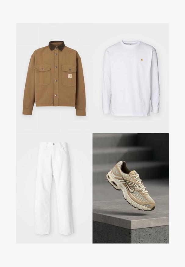 Brun arbejdsjakke med mørkebrunt fløjlskrave, metal trykknapper, to forlommer med klap og Carhartt-logo på venstre lomme.; Hvid langærmet t-shirt lavet af bomuld. Har et lille gyldent logo på brystet og en rund halsudskæring. Enkel design og standard pasform.; Hvide denimbukser med lige ben-design, der har en frontknap og lynlås lukning, fem lommer og en ren, tekstureret overflade.; Beige og hvid Nike løbesko med mesh paneler og sort swoosh, der svæver over en betonkant med slørede trapper i baggrunden.